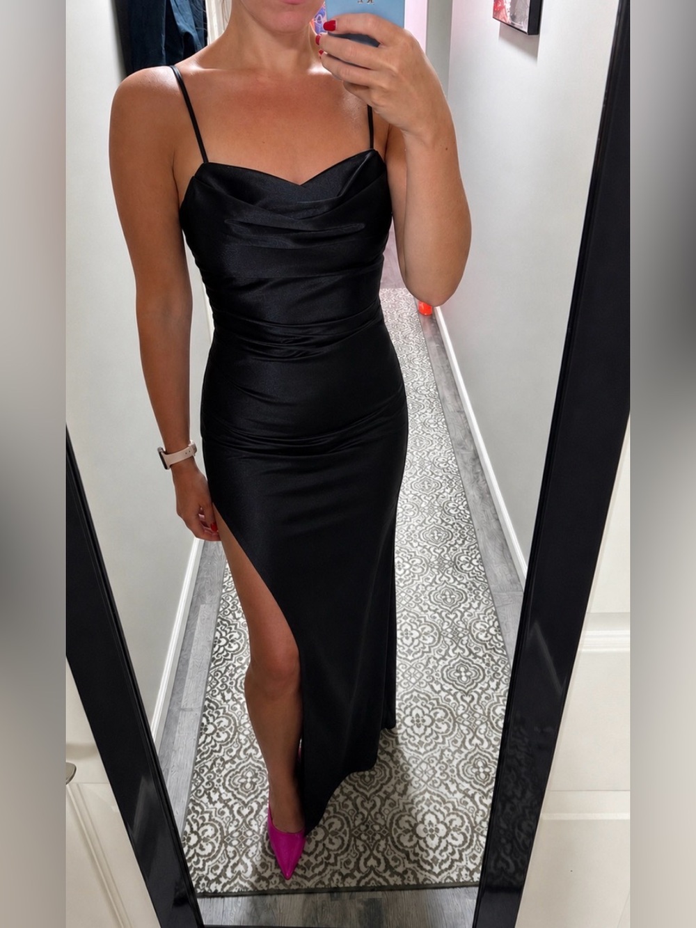 Emerald Sundae Black Satin Cowl Neck Maxi Dress with High Slit